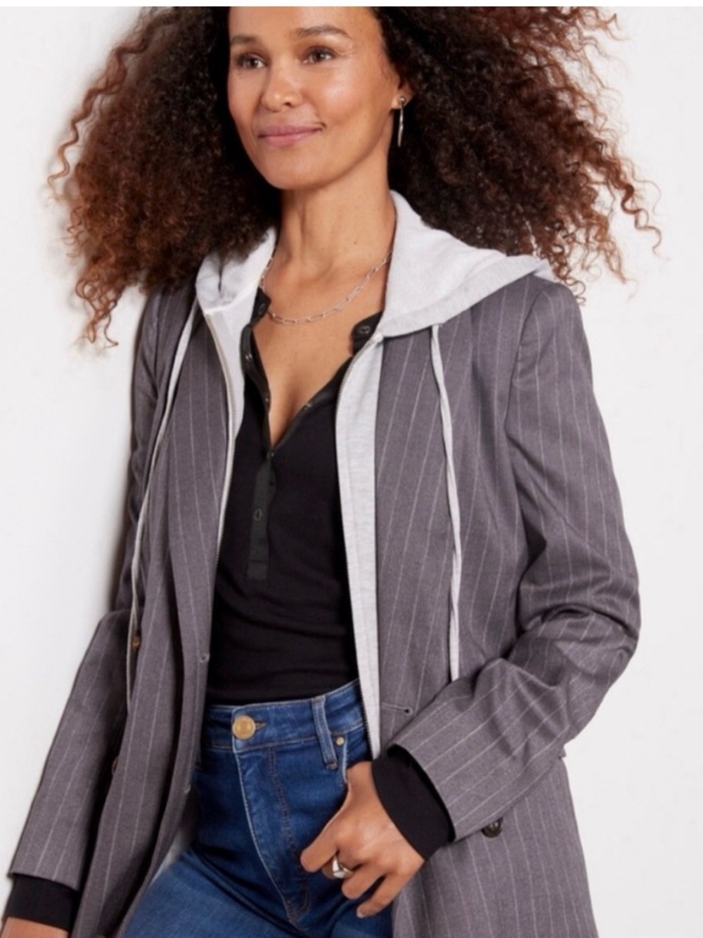 Evereve Annie Two-in-One Dickey Hooded Pinstripe Double Breasted Blazer Sz S